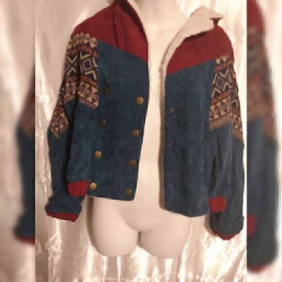Tribal Aztec Lapel ,Button Down Fleece corduroy winter cropped coat jacket M - Picture 8 of 11